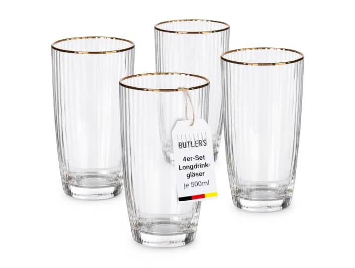 BUTLERS GOLDEN TWENTIES Longdrinkglas, 4er-Set, 500 ml, Goldrand