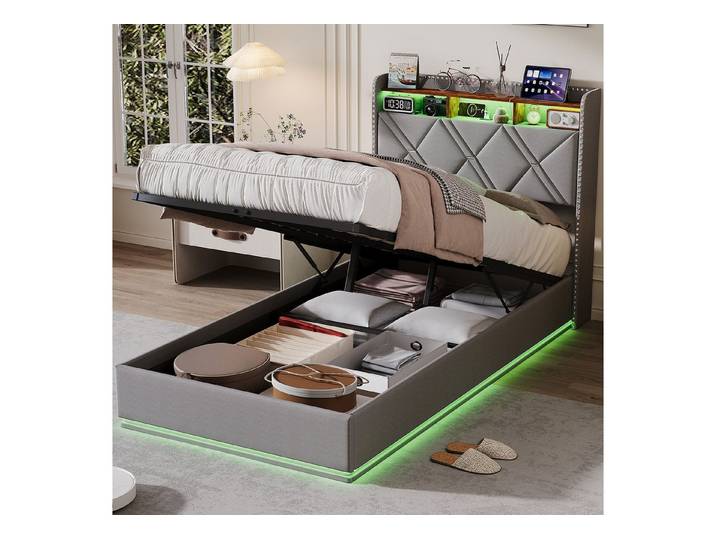 ADWOLT Polsterbett Doppelbett Stauraumbett Mit LED-Licht und USB+Typ-C Anschluss (Jugendbett), Doppelbett Stauraumbett Mit LED-Licht und USB+Typ-C Anschluss