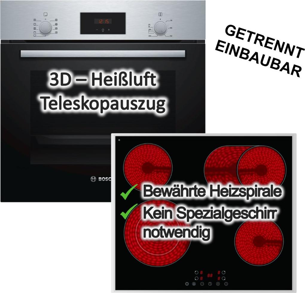 HERDSET BOSCH Backofen Teleskopauszug Versenkknebel 3D Heißluft + PKM Glaskeramikkochfeld Bräterzone Edelstahlrahmen