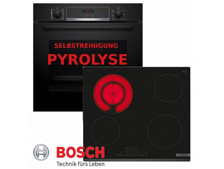 BOSCH Elektro-Herd-Set Pyrolyse Herdset Autark Backofen Selbstreinigung +Glaskeramik Kochfeld, Pyrolyse-Selbstreinigung, Pyrolyse + Hydrolyse