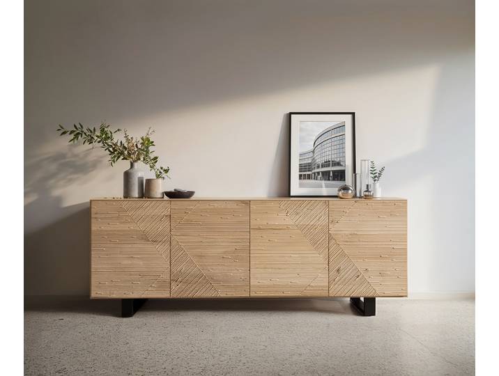 Sideboard Tereos 200 cm Eiche Natur 3D Effekt 4 Türen Kufe Metall Schwarz, Sideboards