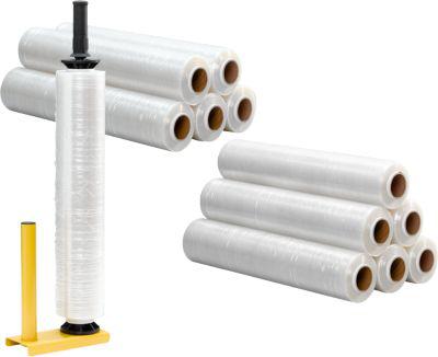 Sparset Handabroller für Stretchfolie + 12 Rollen Stretchfolie, Abroller für Rollen mit B 450-500 mm, Stahl, Stretchfolie L 300 m x B 500 mm, PE