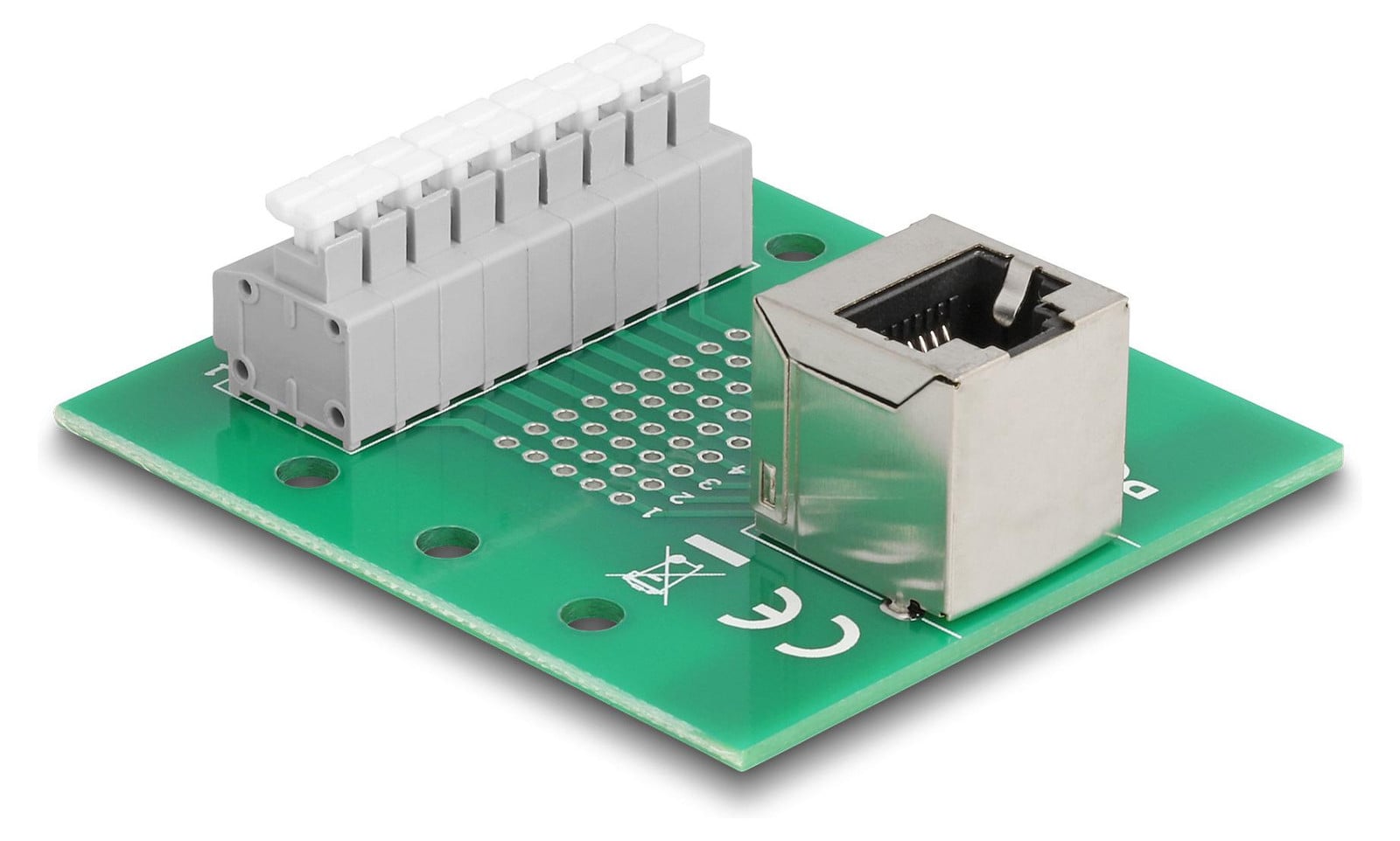 Delock RJ45-connector naar klemmenblok met drukknop voor montage op rails in hoek