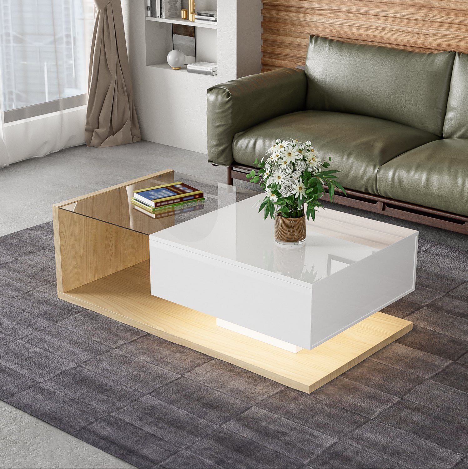 CHICFURN Salontafel met LED-verlichting en open opbergvak - Wit en houtkleur