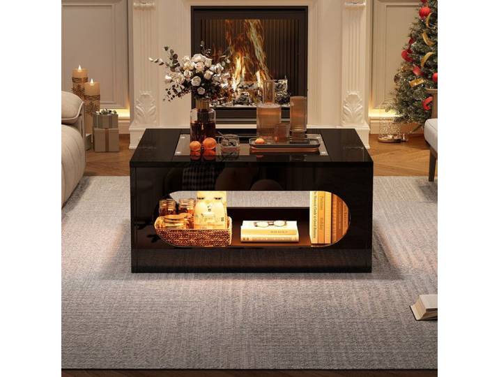 Comfyu - Table basse carrée brillante - Table d'appoint avec rangement ajouré à deux niveaux 70 x 70 x 35 cm - Noir
