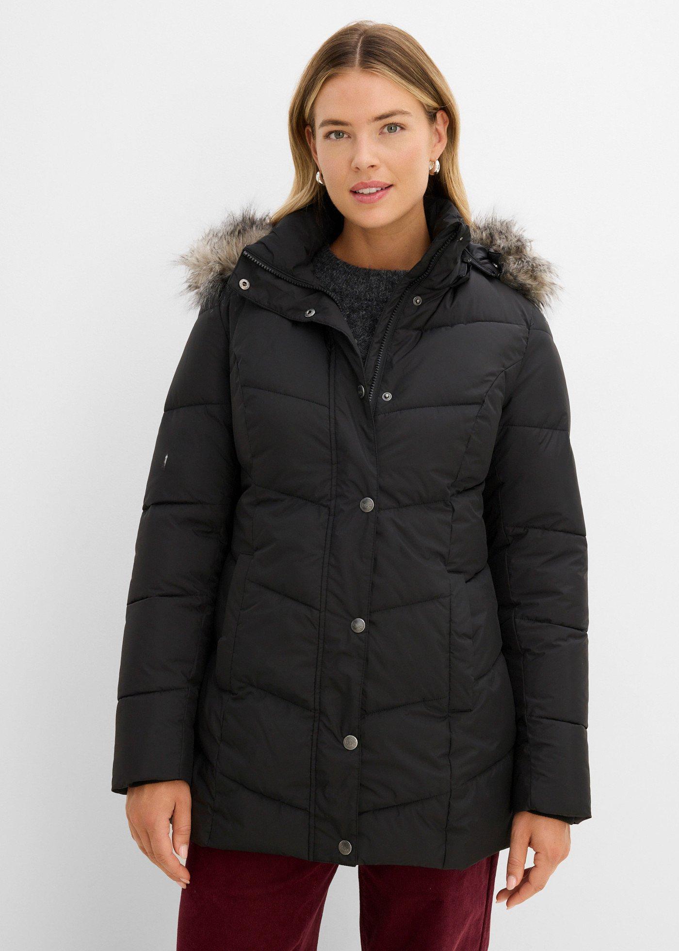 bonprix Steppjacke, schwarz, Gr.38, Jacke mit Teilungsnähten und abnehmbarer Kapuze mit Fellimitat