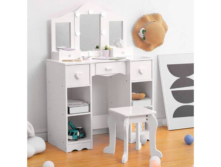 Coiffeuse fille enfant bois avec 3 miroirs led et tabouret Blanc
