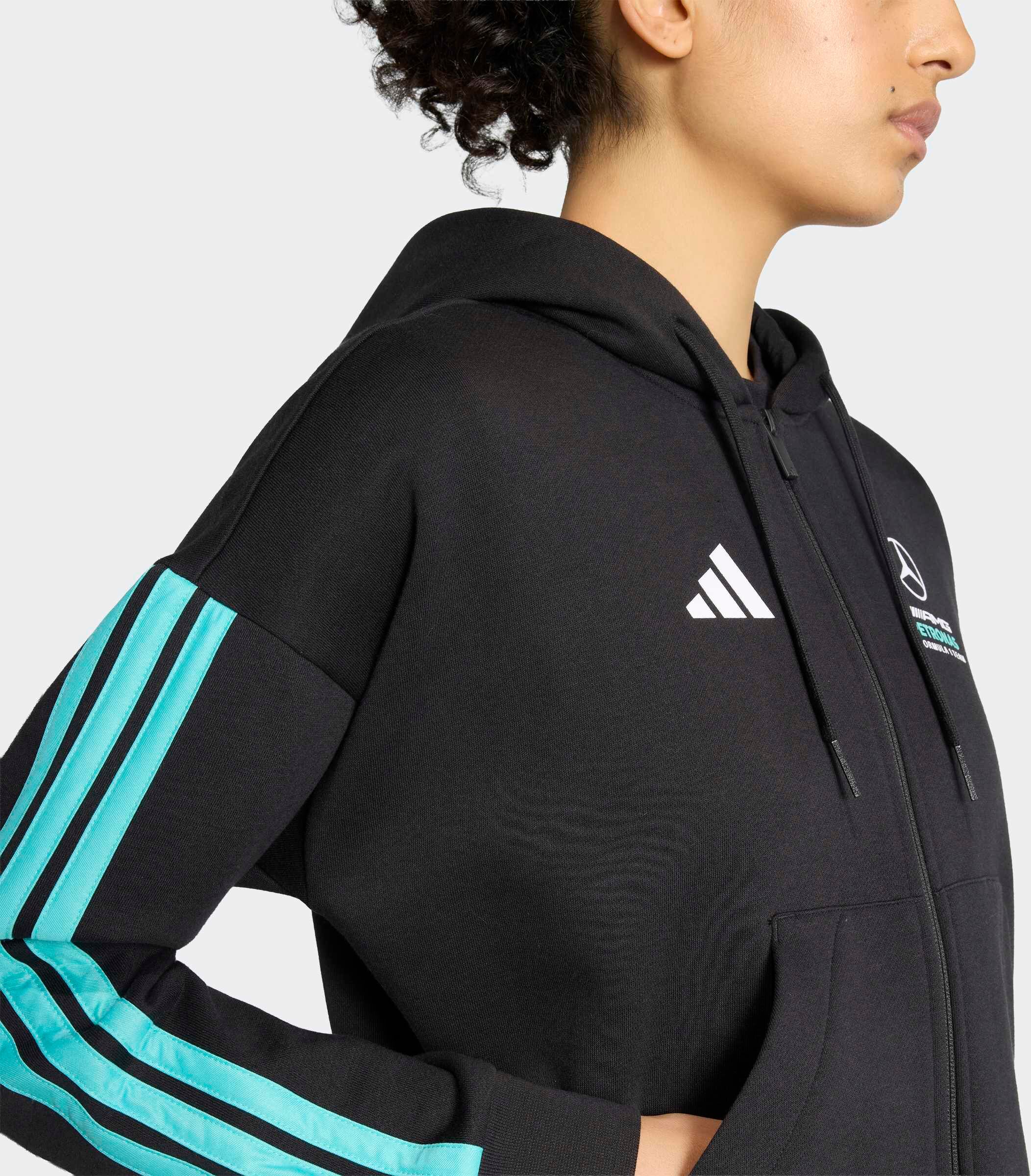 Kapuzensweatshirt ADIDAS PERFORMANCE "MERCEDES-AMG PETRONAS FORMULA 1 TEAM DNA", Damen, Gr. L, schwarz (schwarz, semi mint rush), Obermaterial: 55% Baumwolle, 36% Polyester, 9% Viskose, normal, Rundhals, angesetztes Bündchen, Sweatshirts Kapuzensweatshirt