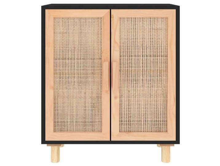 Buffet en bois de pin et rotin - WIENS - 60x30x70 cm - Noir - Bois de pin massif - Rotin naturel