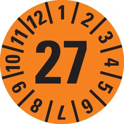 Dreifke® Prüfplakette 27, orange, Folie, ablösbar, Ø 15mm, 1000/Rolle
