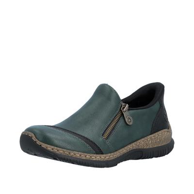 Slipper RIEKER "Ready2GO", Damen, Gr. 42, grün, Lederimitat, Schuhe Slipper, Casual-Halbschuh mit Reißverschluss und Stretcheinsatz