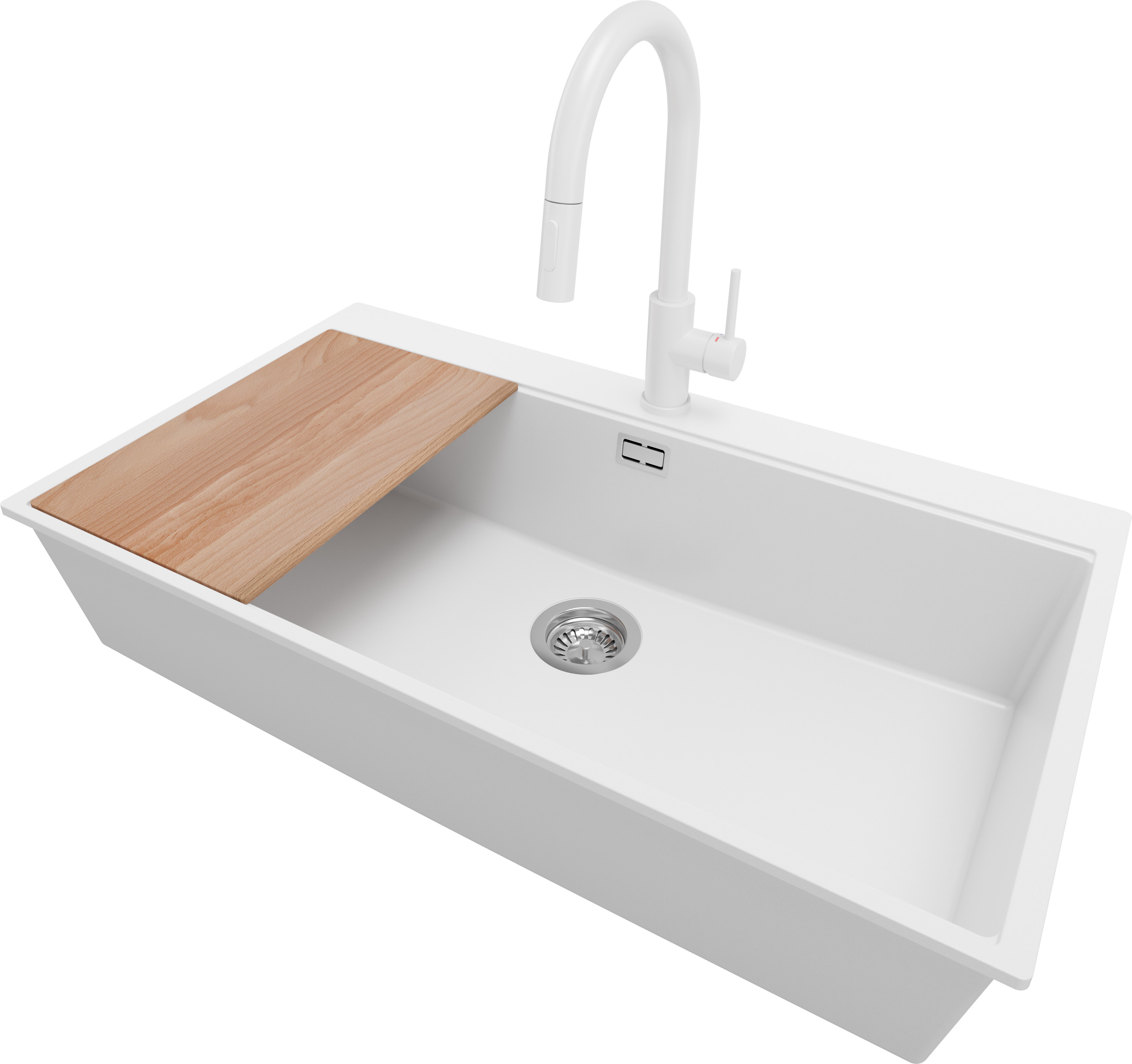PRIMAGRAN Granitspüle Weiß 88x50cm, Spülbecken 1 Becken + Küchenarmatur 40x20cm + Ablauf-Set + Schneidebrett, Küchenspüle ab 90er Unterschrank - Oslo