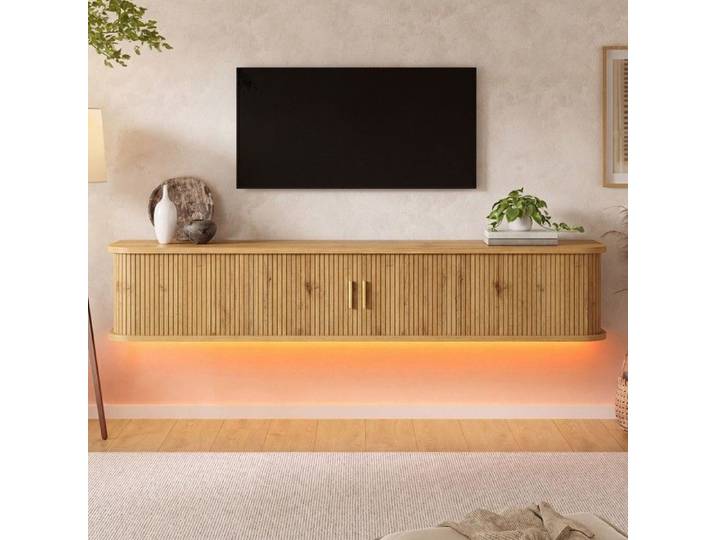 CollaHausse Meuble TV mural MDF façade rainurée LED réglable via application salon.