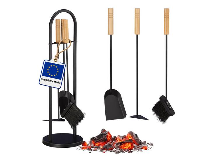 Relaxdays Kaminbesteck Schwarz Natur 4-tlg. mit Ständer, Metall, Holz, 20x68.5x20 cm, Kleinmöbel, Kamine & Zubehör