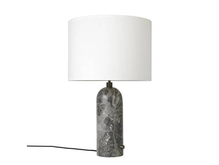 GUBI Gravity S Tischleuchte Grey marble, weißer Schirm