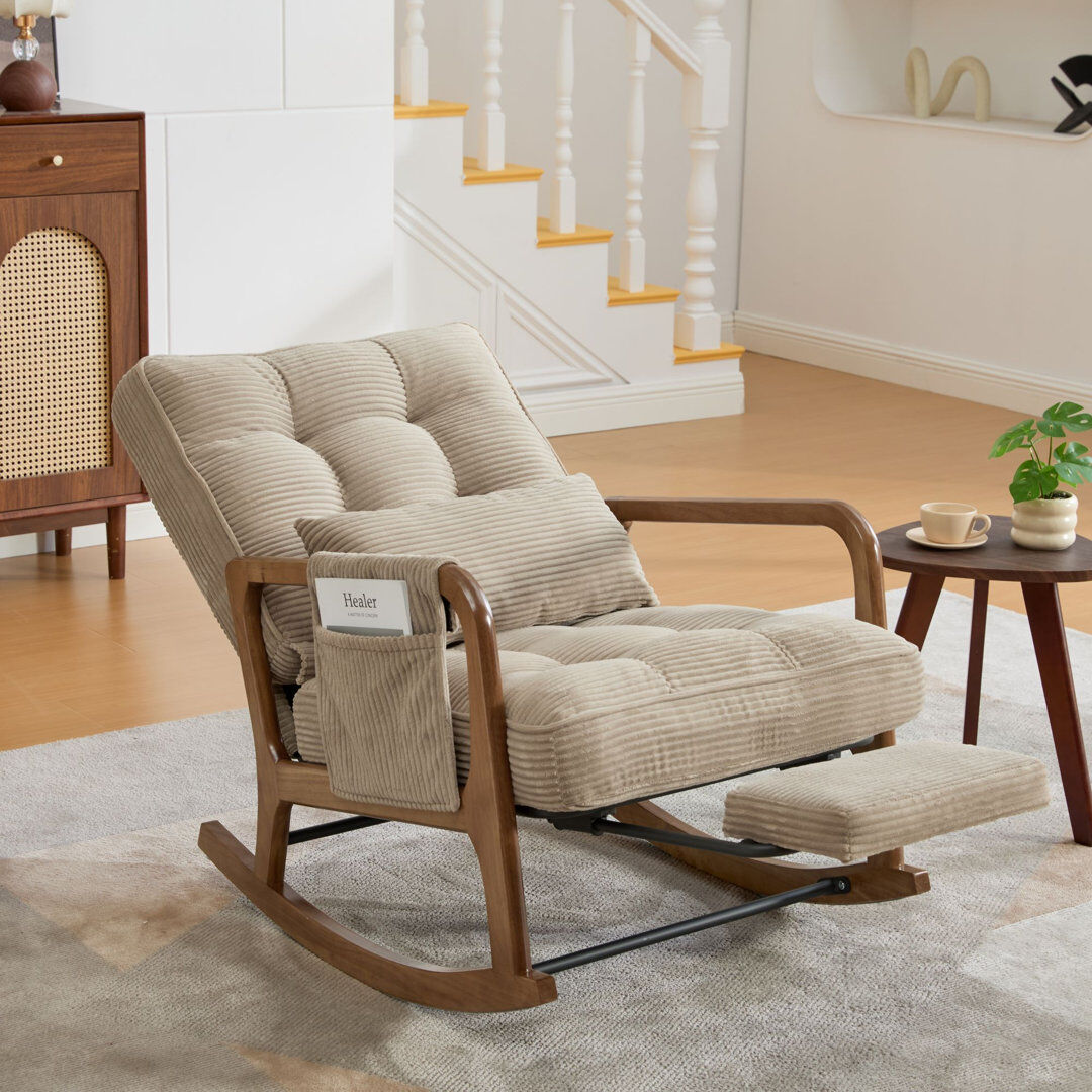 Fjørde & Co Corduroy Rocking Chair with Footrest & Side Pocket, Nursery Glider Accent Chair for Living Room Khaki 92cm H X 70cm W X 80cm D