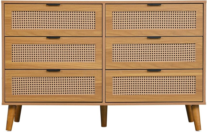 Urban Meuble Console en bois clair avec 6 tiroirs en rotin tressé Marron 120x77x40cm
