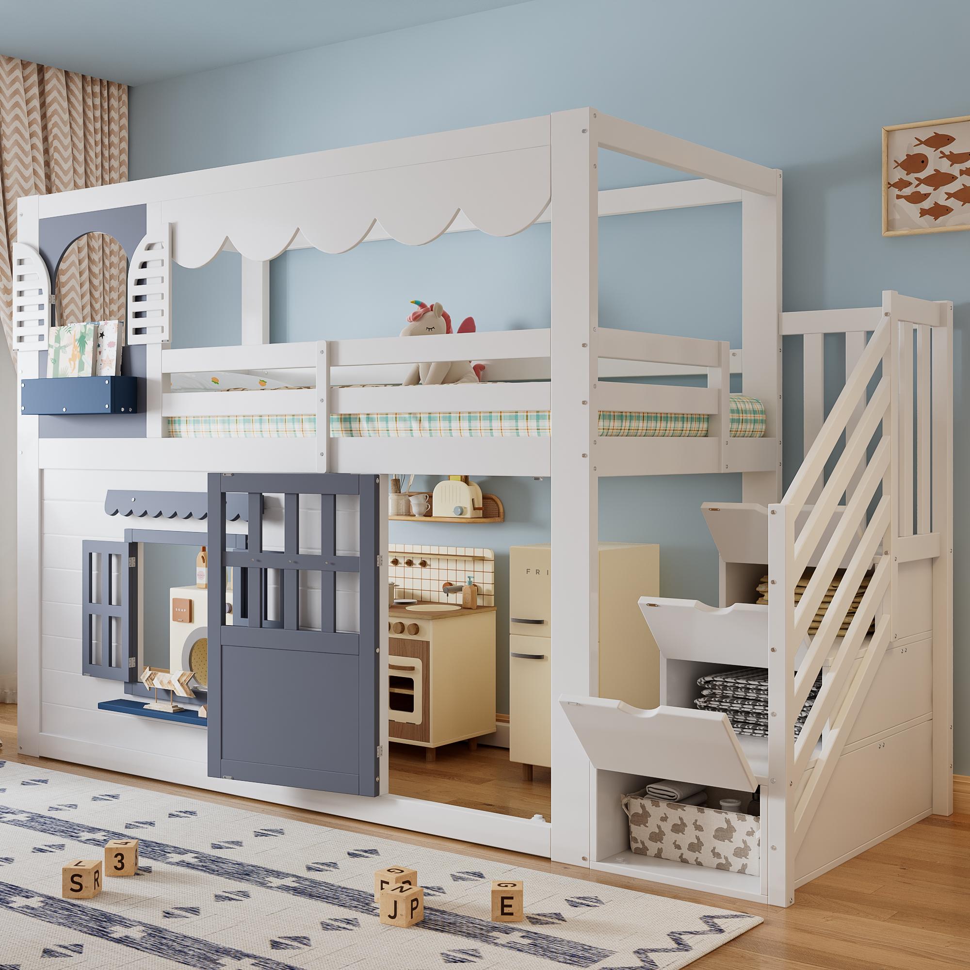 Merax Etagenbett Hochbett 90x200cm mit Stauraumtreppe, Hausbett Kinderbett mit Tür und Fenstern, Kinderbett mit Rausfallschutz und Stauraum, Weiß