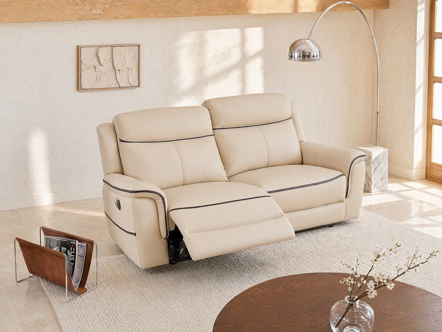 Unique Sofá 3 plazas eléctrico de cuero beige ADELIO