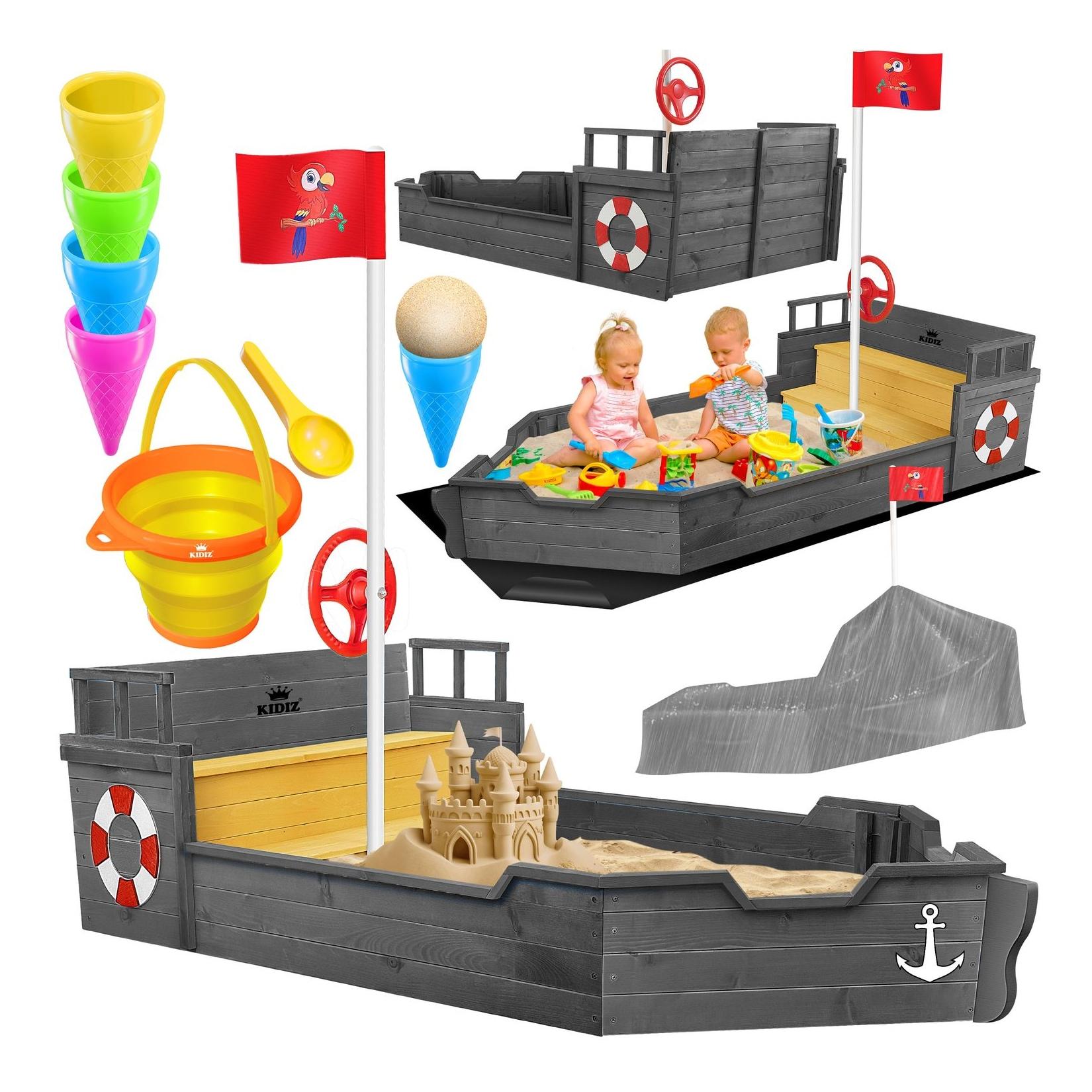 KIDIZ® Sandkasten Ahoi - Piratenschiff Boot Segelschiff aus Holz Inkl. Abdeckung, Bodenplane, Sitzbank, Flaggenmast, Sandspielzeug Große Kinder Sandkiste für den Garten Outdoor Sandbox