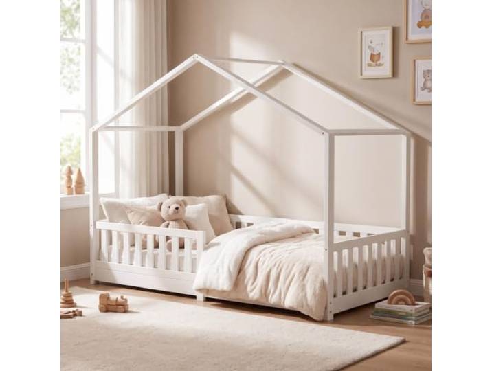 ecomi® Kinderbett 80x160 cm Hausbett mit Rausfallschutz & Lattenrost, Weiß Bodenbett aus Massivholz Kiefer, bis 100 kg belastbar, größtenteils vormontiert, bodennahes Kinderbett für Mädchen & Jungen
