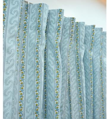 Fabdivine Blue Floral Block Print Linen Hook Curtain, Semi Sheer Window Drapes, Curtain Panel for Bedroom & Nursery, Nargis