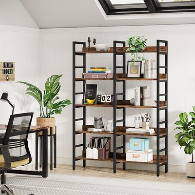 1Easylife Double Wide Bookshelf, 5-Tier Industrial Etagere Bookcase Free Standing Tall Book Shelf, Rustic Brown