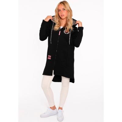 Jerseymantel ZWILLINGSHERZ "Wild Strong Free", Damen, Gr. XL, schwarz, Sweatware, Obermaterial: 50% Baumwolle, 50% Polyester, bedruckt, unifarben, bequem kniefrei, Rundhals, Mäntel, mit Kapuze, Taschen, Front und Backmotiv Wild Strong Free