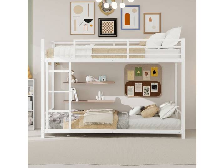 Lit superposé métal 2 lits simples solide silencieux barrière sécurité sans sommier à ressorts