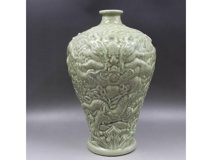 Vase Antique gravé au four Ming Longquan, Vase Dragon sculpté, décoration de maison Antique, ornements en porcelaine, Antique
