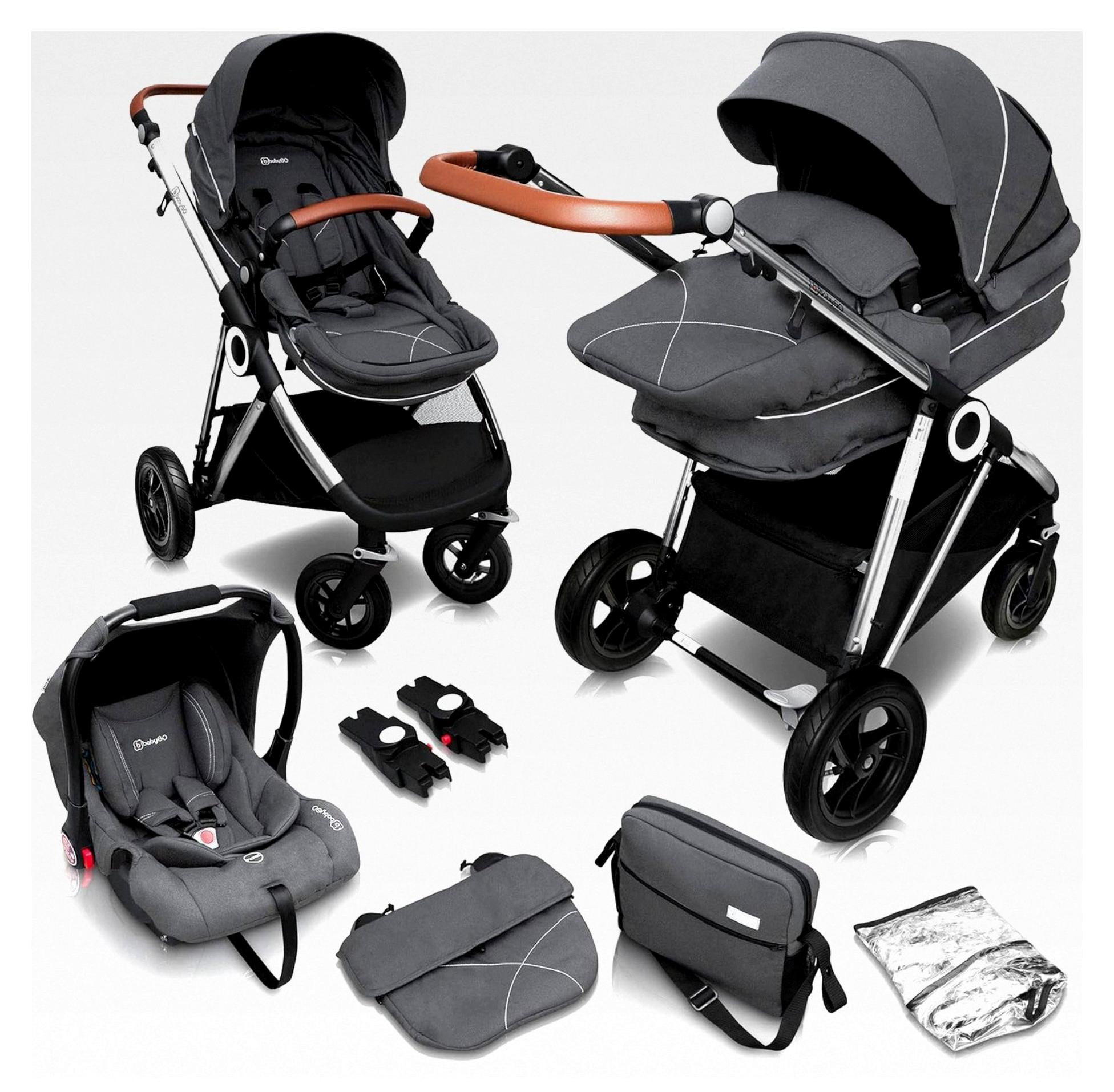 Halime Air Kinderwagen 3 in 1 - Luftreifen Edition für jedes Gelände - Voll-Gummireifen - Wickeltasche/Regenschutz/Wintersack (Grau-Silber Gestell)