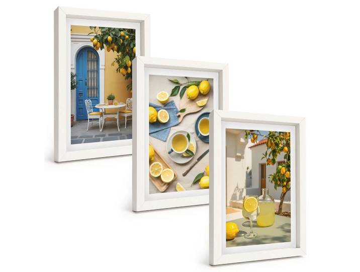 BILDER SET 3er Set - 20x30 cm Weißer Rahmen - Zitronenlimonade blaue Tür