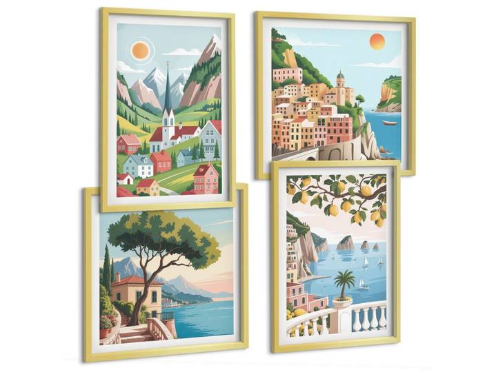 BILDER SET 4er Set - 50x50 cm & 40x60 cm Goldrahmen - Meereslandschaften, Zitrusfrüchte