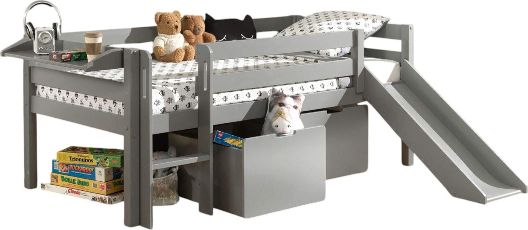 Kojenbett mit Rutsche Karolina 208x175x83 Massivholz Grau