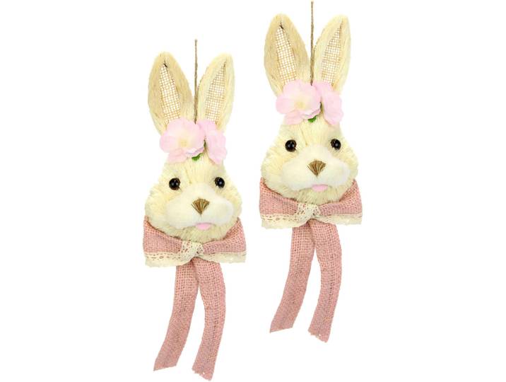 Osterhase I.GE.A. Bast-Hasenkopf mit Blume und Schleife, Frühlingsdeko , beige (natur, rosa), B:10cm H:35cm, Bast, Polyester, Dekofiguren, Osterhase, Osterdeko zum Aufhängen, Dekofigur, Wanddeko