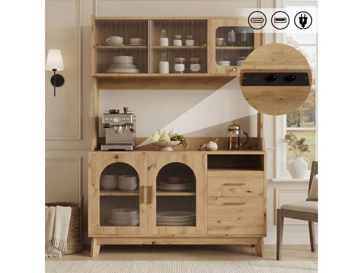 ROVRYN Buffet haut 120 x 40 x 178 cm rangements portes en acrylique ondulé 2 tiroirs USB