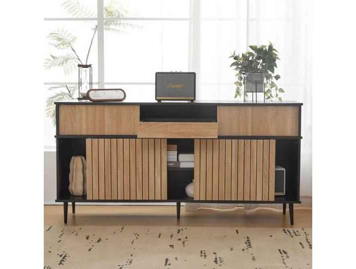 Commode avec 4 portes coulissantes et 1 tiroir design contrasté chêne et noir 160x40x80 cm
