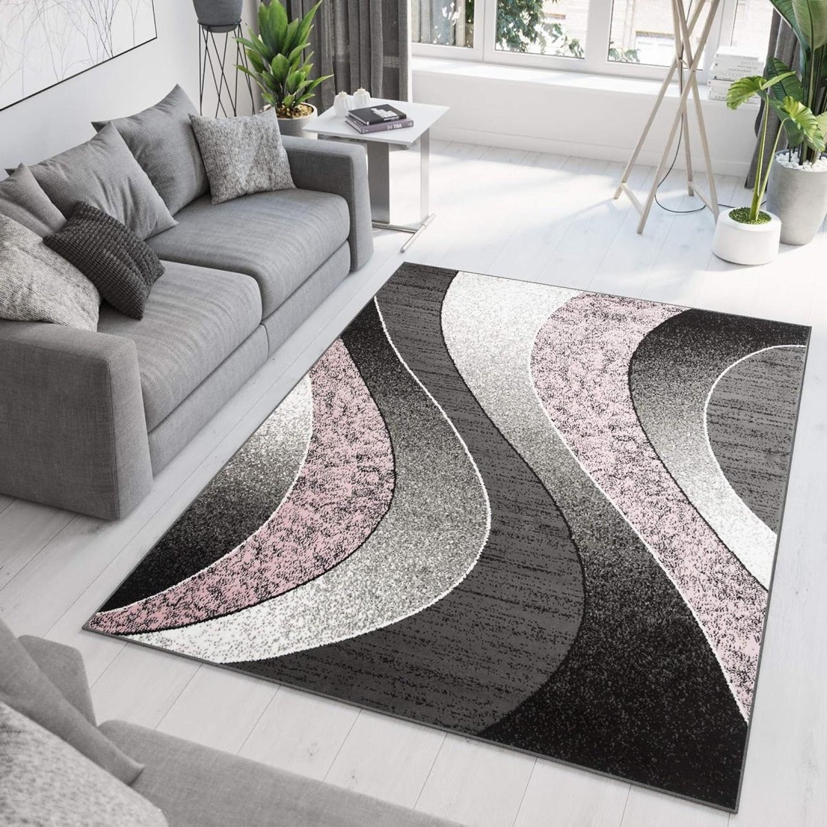 Modern Vloerkleed Golven Grijs Roze - Rechthoekig Tapijt voor de Woonkamer - Polypropyleen