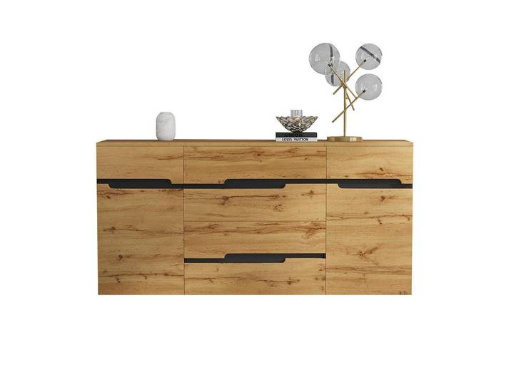 Komhtom Kommode 160 x 40 x 80 cm mit 4 Schubladen, Holzfarbe + Schwarz, Naturfarben, Mode, 40x80x160 cm, Kleinmöbel, Kommoden, Kommoden
