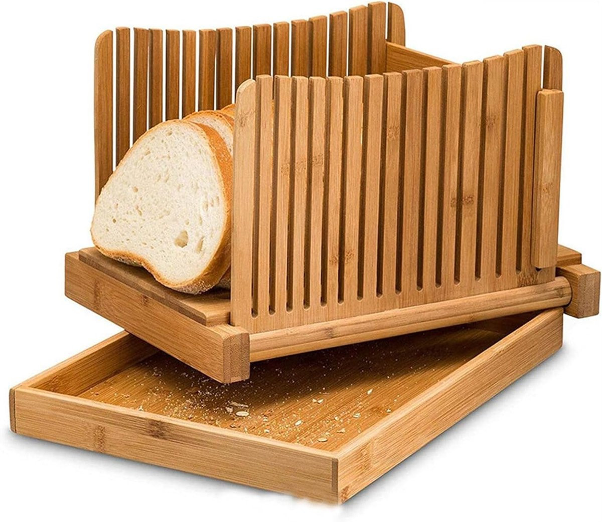 Vouwbare broodsnijder met verstelbare dikte in bruin bamboe en hout