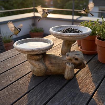 Meedzom Rustic Wood‑Textured Lying Bunny Concrete Bird Bath, Double‑Tray Weather‑Resistant Bunny Statue for Yard Patio Lawn Decor