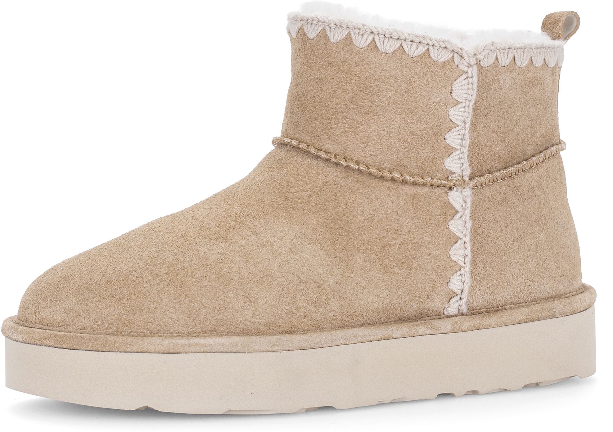 Winterboots GABOR, Damen, Gr. 37,5, Lammfell, beige (sand), Veloursleder, unifarben, Schuhe Winterboots, Plateau, Stiefelette mit Häkelappliaktion, Weite G (= weit)