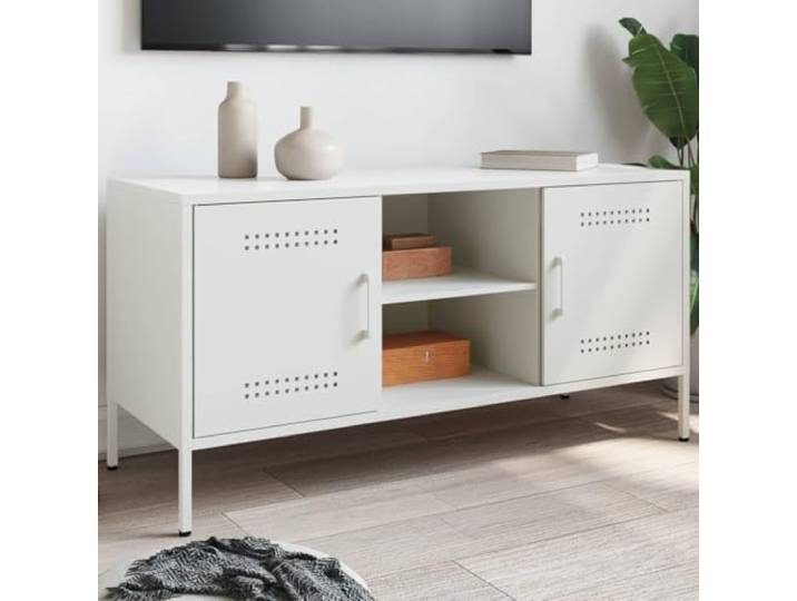 HEFZGDB TV-Schrank Weiß 100,5x39x50,5 cm Stahl Industrie-Stil mit reichlich Stauraum für Multimedia-Geräte, Robustes stabiles Gestell, einfache Reinigung, Wandhalterung inklusive,