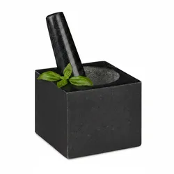 Relaxdays Granit Mörser mit Stößel, eckig, langlebig, Gewürze, Kräuter, 9,5x11x11cm, 250 ml, polierter Steinmörser, grau