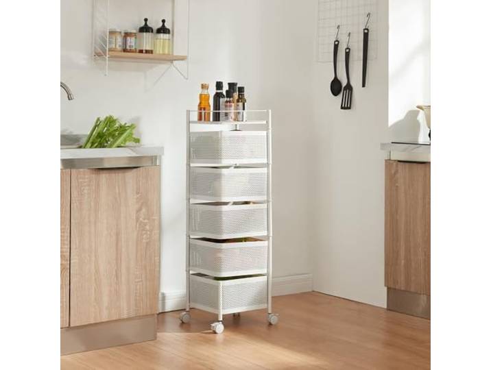 [en.casa] Rollwagen Sunndal mit 5 Ebenen mehrlagiges Küchenregal mit Rädern Servierwagen aus Stahl ausklappbare Körbe Regal für Küche, Bad 94,5x27x27cm Weiß