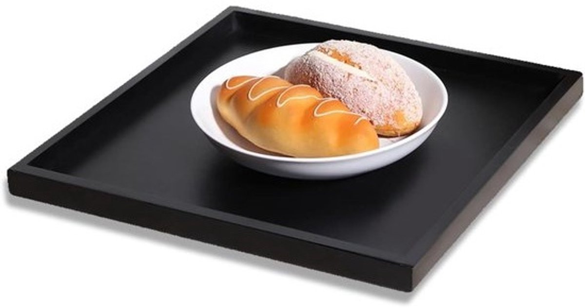 Zwart houten dienblad decoratieve ottoman tray serveerschaal voor ontbijt en keuken of restaurantgebruik