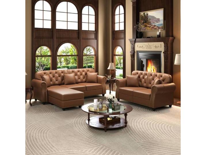 Ensemble canapé Chesterfield 5 places avec repose-pieds 2 et 3 places coussins à ressorts simili cuir marron