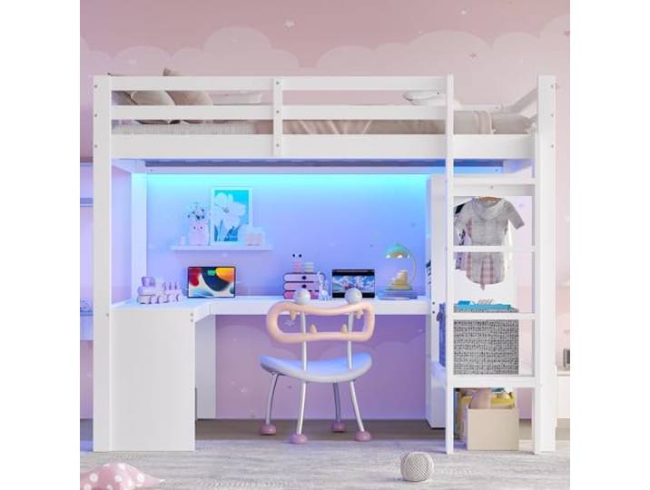 Holzbett Hochbett 140x200 mit LED-Licht & Schreibtisch & Regal & USB, Weiß Multifunktionales Kinderbett Jugendbett mit LED-Beleuchtung, Schreibtisch, Regal, Ausziehbett und Stauraum, Ohne Matratze