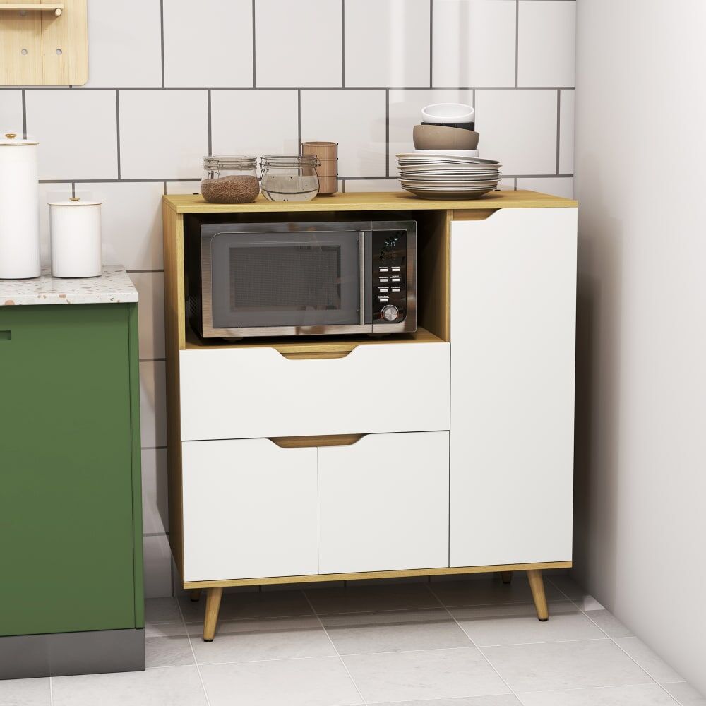 Homcom Meuble micro onde buffet cuisine placard et tiroir blanc naturel Blanc 90x99x40cm