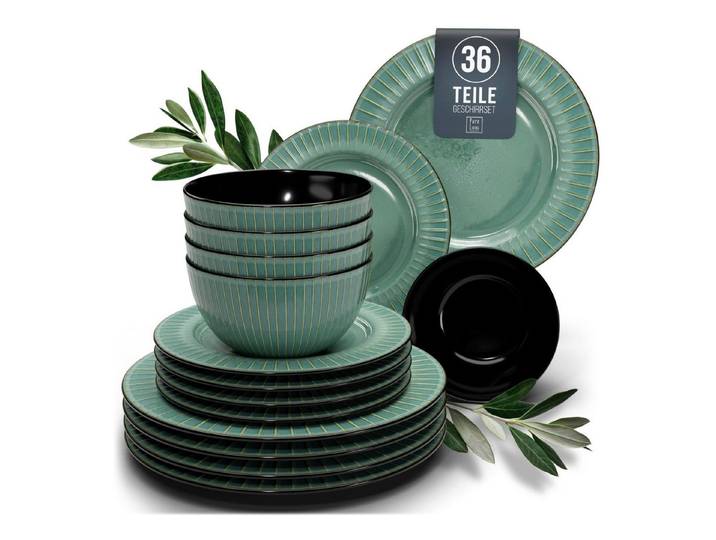 PURE LIVING INTERIOR DESIGN Geschirr-Set Pure Living Geschirr-Set »Ribbed« (36-tlg), 12 Personen, Steingut, Gr (36-tlg), 12 Personen, Steingut, Mediterrane Handwerksoptik, Reaktive Glasur – jedes Stück einzigartig…